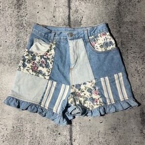 Vtg California Concepts Vintage Patchwork Denim Shorts Floral Ruffle High Waist